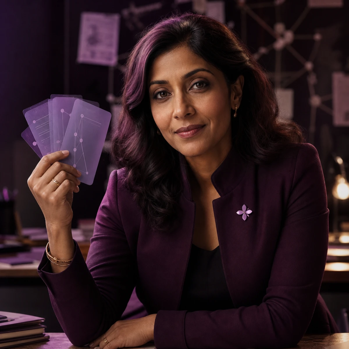 Joy, a fictional people strategist, holding translucent relationship cards
